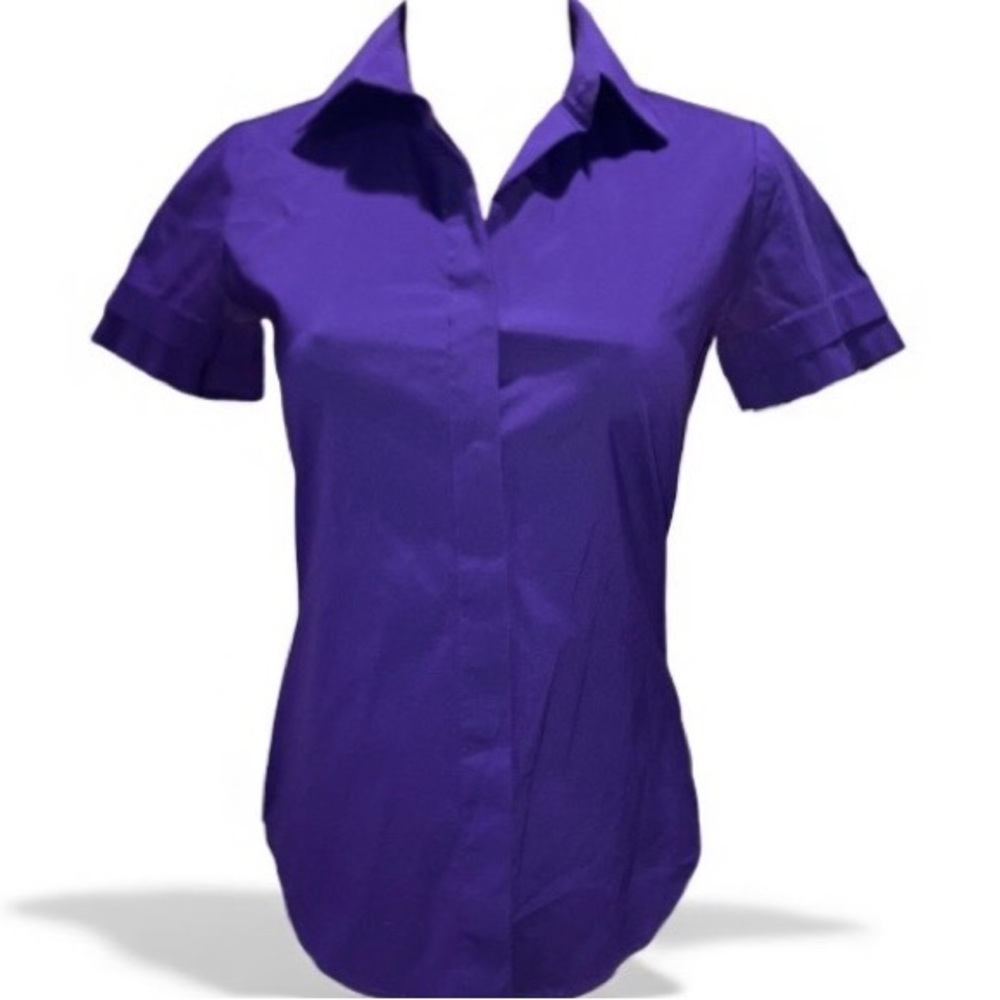 Theory Romini Luxe Purple Stretch Button Down Blouse Short Sleeve Work Career P